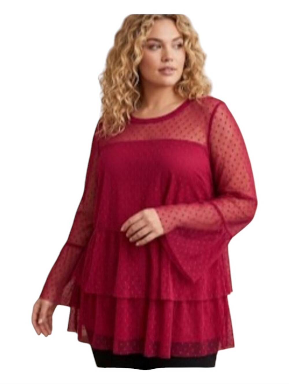 Lane Bryant Red Swiss Dot Mesh Layered Blouse Bell Sleeve Size 22/24